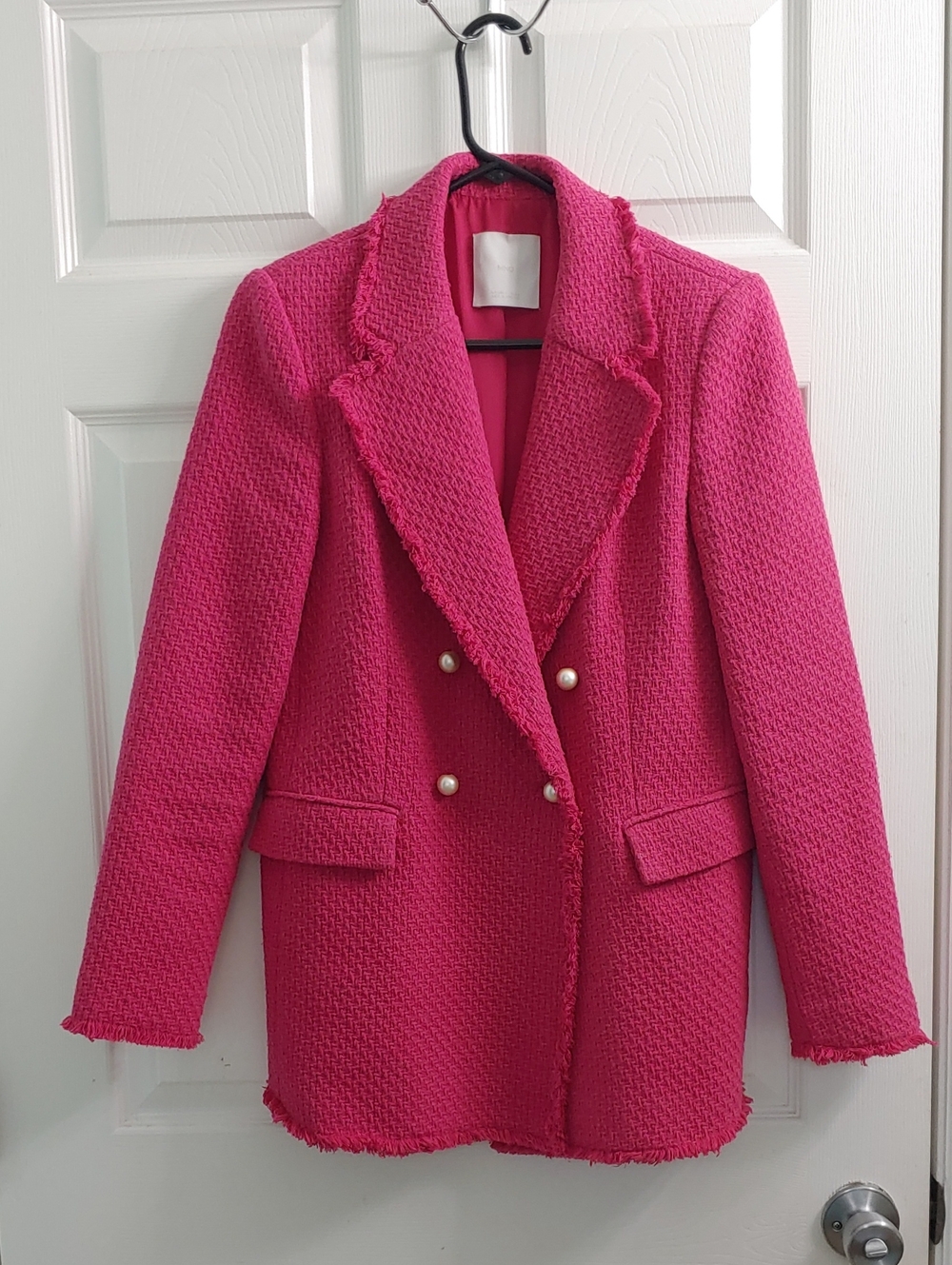 MNG Tweed Pearl Button Blazer Women's M Mango Quintin Pink Coat